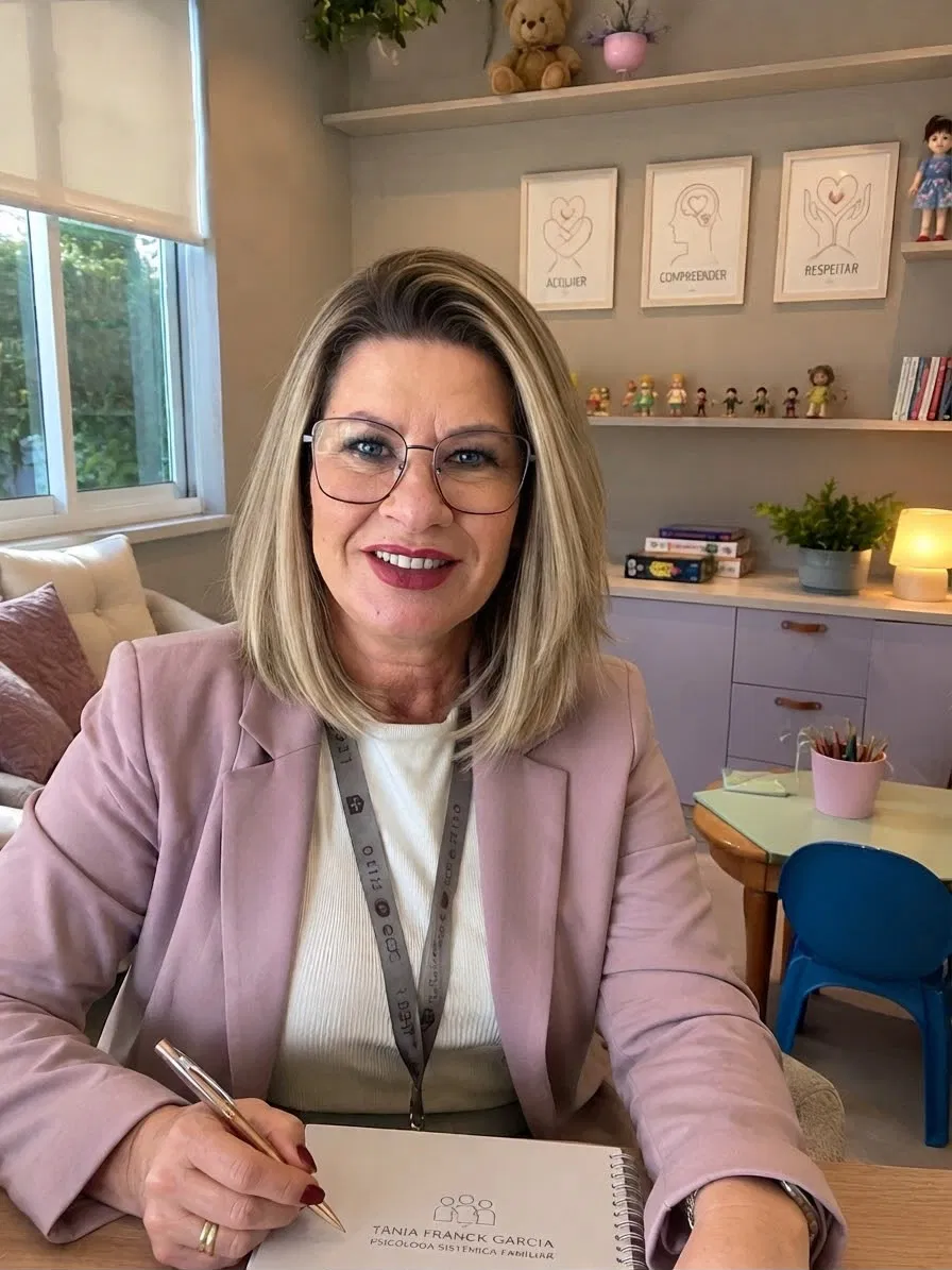 Tânia Franck Garcia com prancheta em seu consultório de psicologia